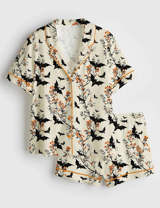 Women’s Halloween Satin Pajama Set – Short Sleeve Bat Spooky Sleepwear