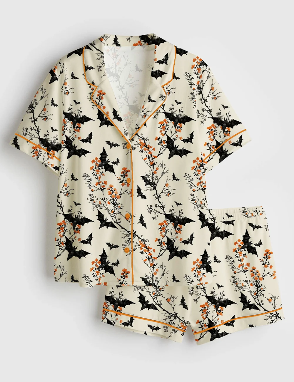 Women’s Halloween Satin Pajama Set – Short Sleeve Bat Spooky Sleepwear