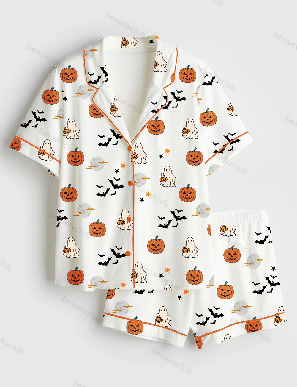 Spirit Halloween Pumpkin Boo Pajama Set, Long Sleeve Spooky Cute Ghost & Jack-O'-Lantern Print PJs, Soft Silky Sleepwear for Women Men, Fall Cozy Lounge Gift