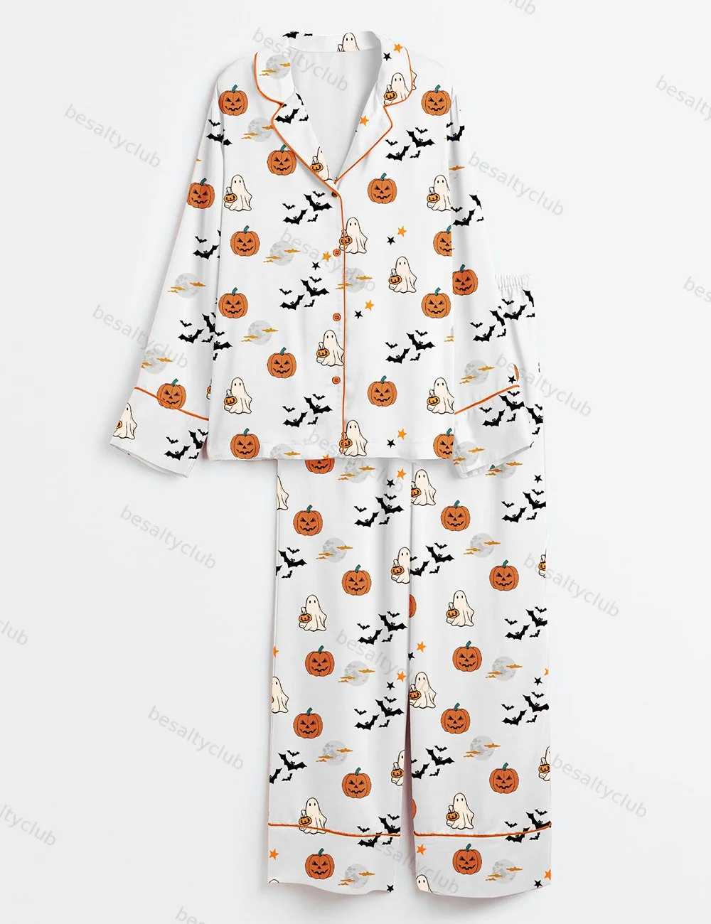 Spirit Halloween Pumpkin Boo Pajama Set, Long Sleeve Spooky Cute Ghost & Jack-O'-Lantern Print PJs, Soft Silky Sleepwear for Women Men, Fall Cozy Lounge Gift