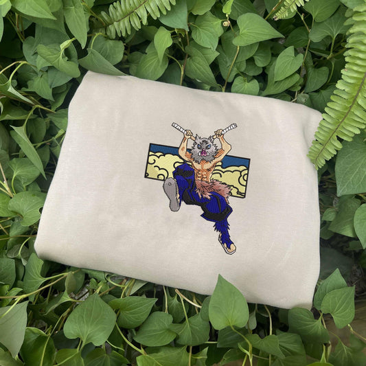Embroidered sweatshirt featuring Inosuke from Demon Slayer