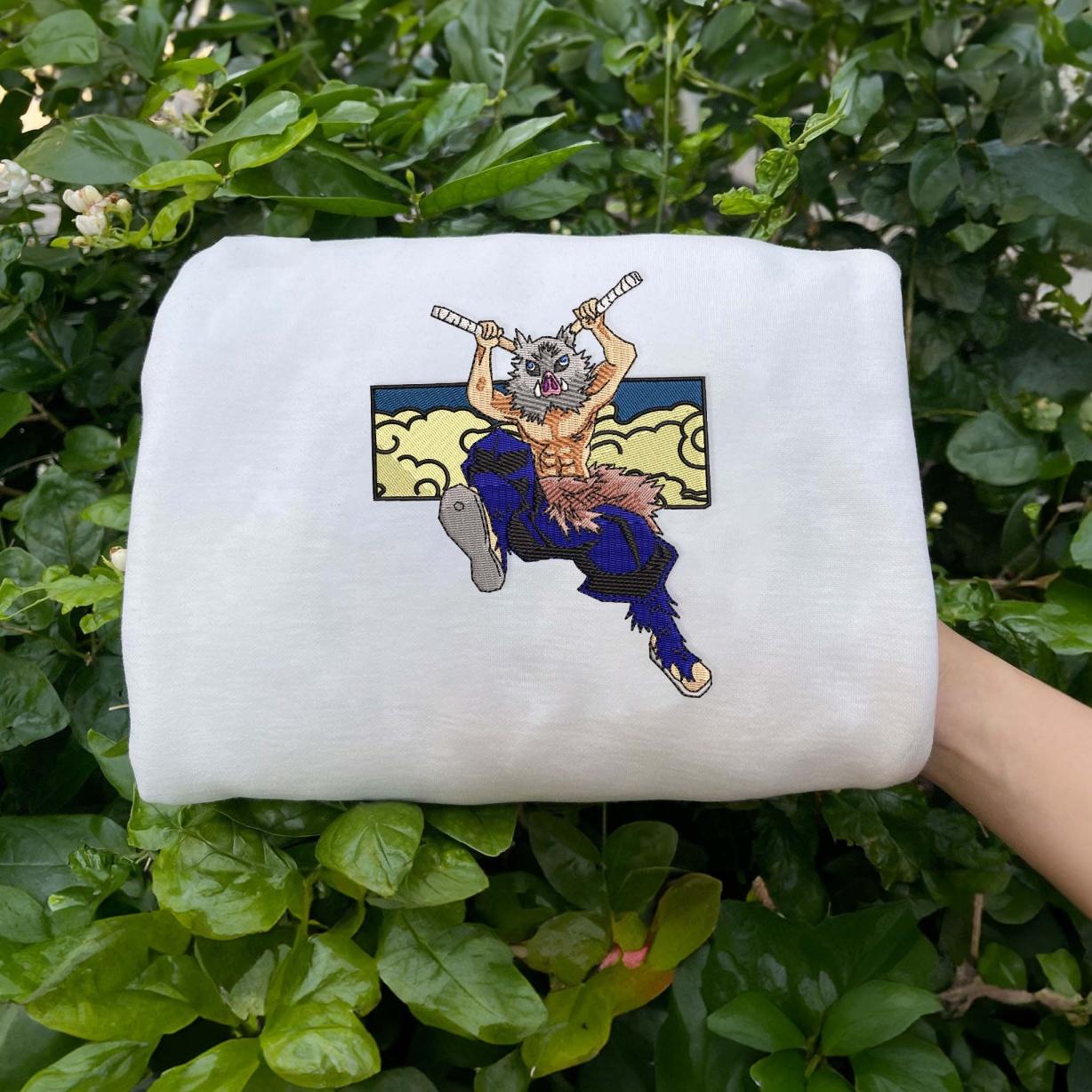 White Sweatshirt, Inosuke Embroidery Sweater