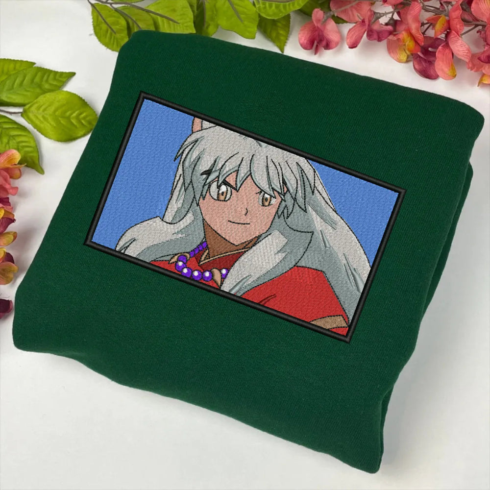 Forest Green Sweatshirt Embroidered Inuyasha Portrait Frame Anime 90s Design