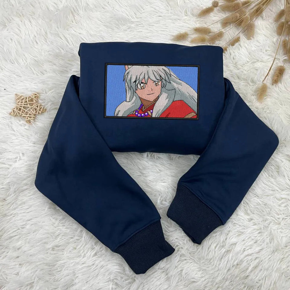 Navy Sweatshirt Inuyasha Silver Hair Portrait Embroidered Classic Anime
