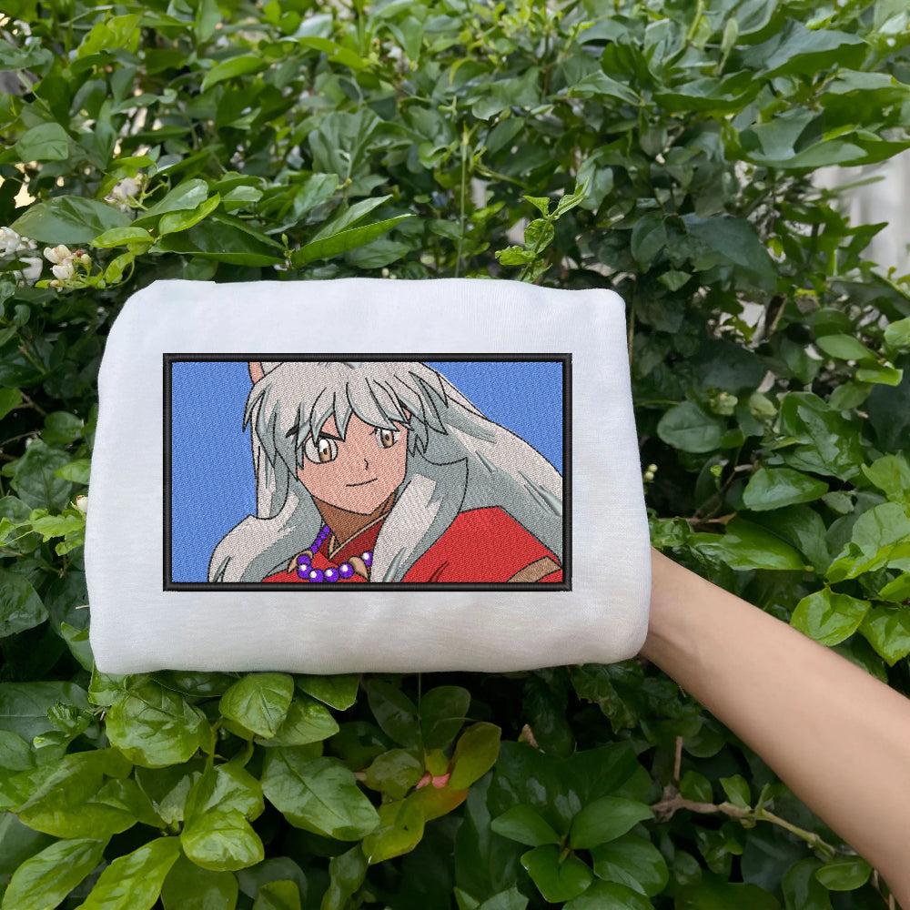 White Sweatshirt Inuyasha Silver Hair Embroidered Portrait Frame Design