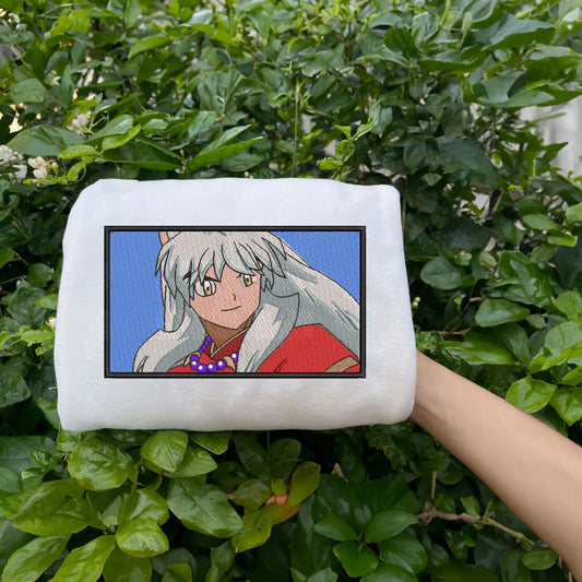 White Sweatshirt Inuyasha Silver Hair Embroidered Portrait Frame Design