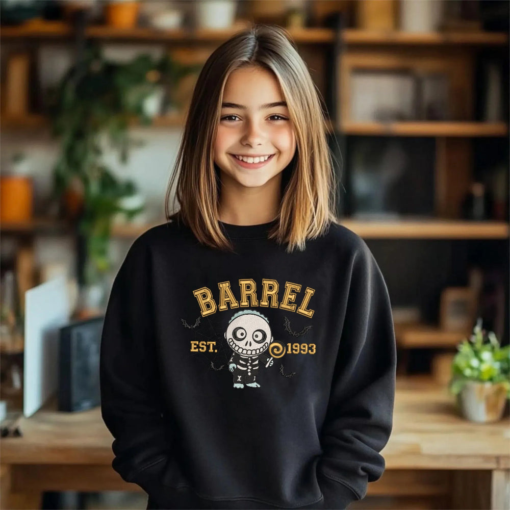 Black Oversized Sweatshirt Showcasing Chibi Barrel Skeleton Est 1993 Style