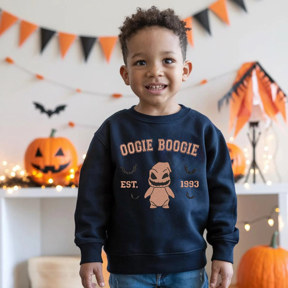 Navy Toddler Sweatshirt Highlighting Chibi Oogie Boogie Est 1993 Design