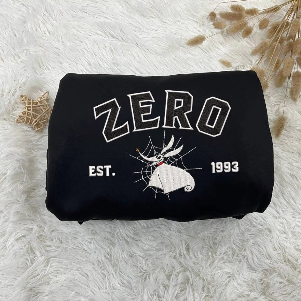 Folded Black Zero Embroidered Sweatshirt With White Ghost Dog Design
