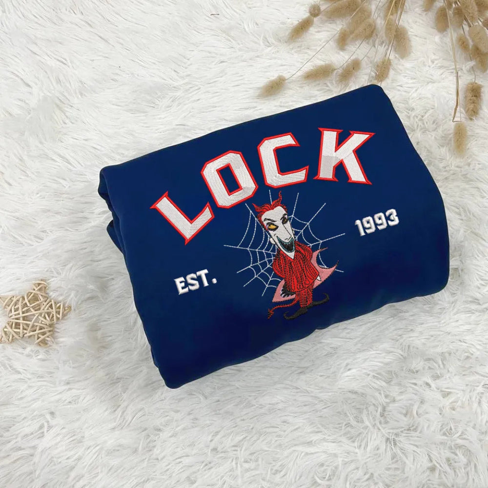 Folded Navy Lock Embroidered Sweatshirt With Red Devil Character Design