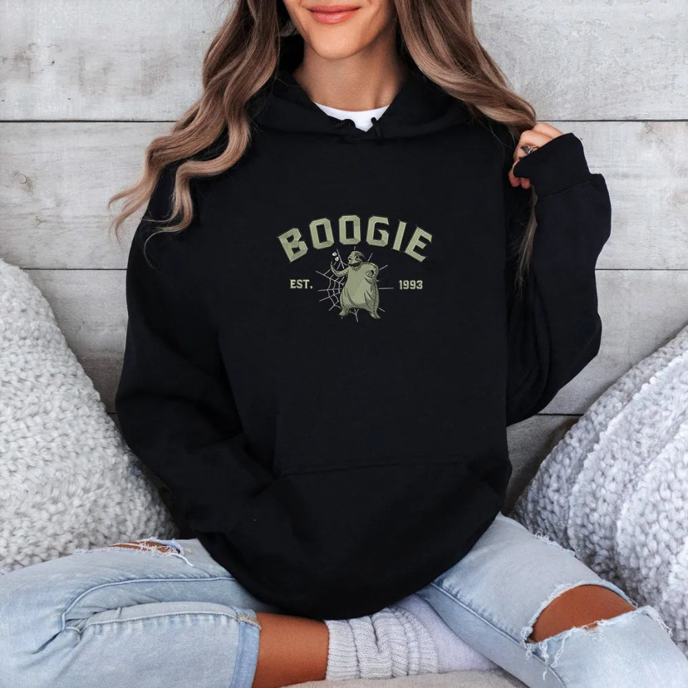 Folded Black Boogie Embroidered Hoodie With Green Oogie Boogie Character
