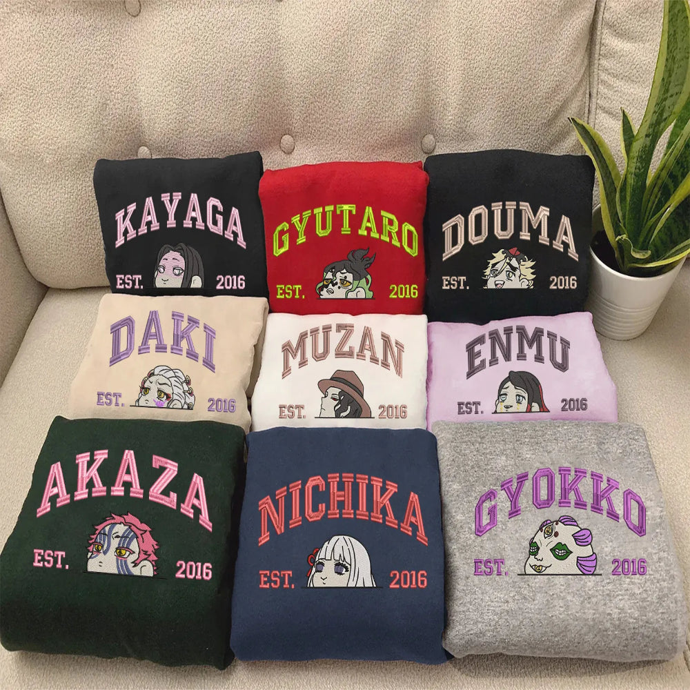 Collection Of Demon Slayer Upper Moons Peeking Sweatshirts On Couch