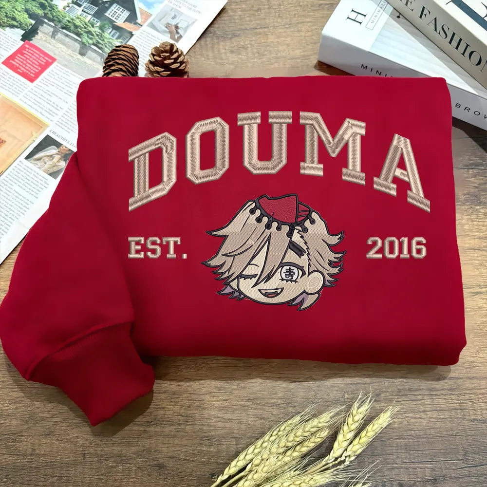 Maroon Sweatshirt With Douma Peeking Demon Slayer Est 2016 Folded