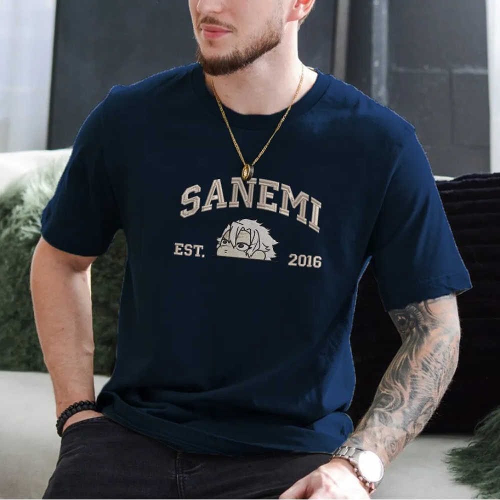 Navy T-shirt With Sanemi Peeking Demon Slayer Est 2016 