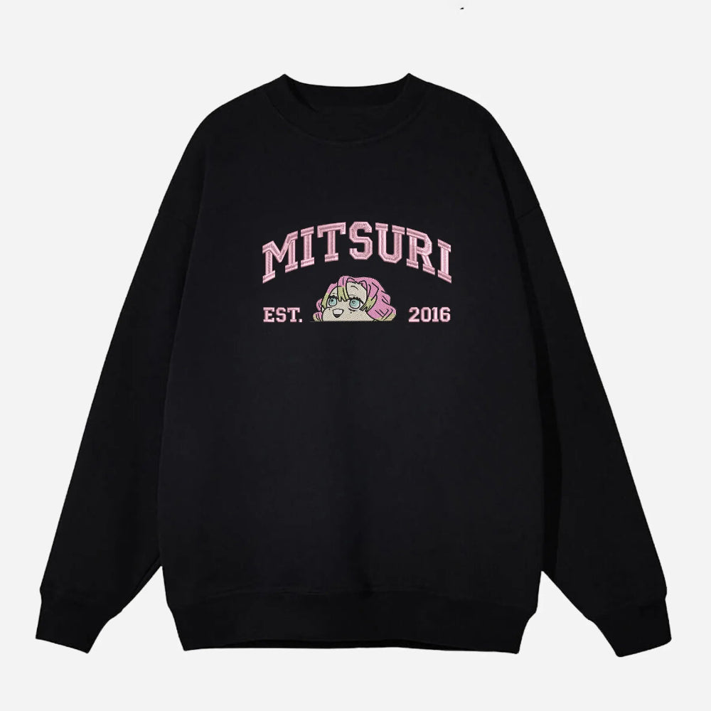 Black Sweatshirt With Mitsuri Peeking Demon Slayer Est 2016 Folded