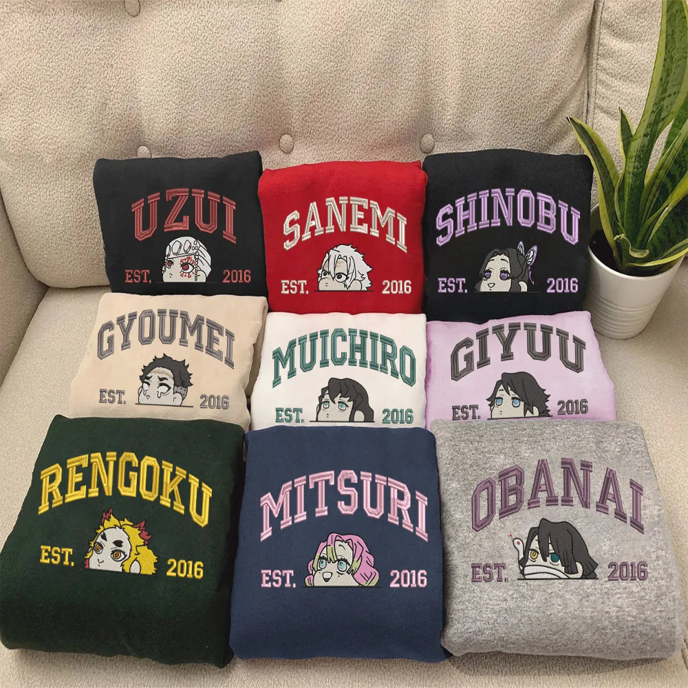 Collection Of Demon Slayer Hashira Peeking Embroidered Sweatshirts On Couch