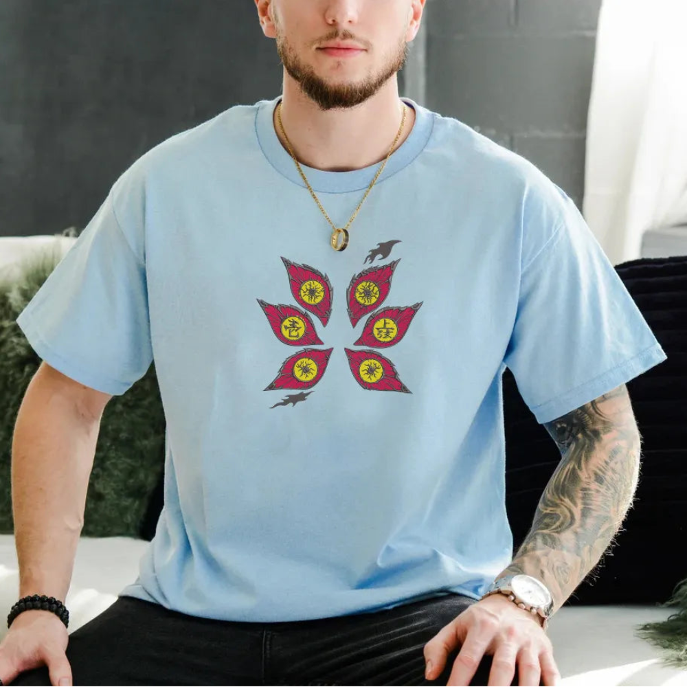Light Blue T-Shirt Worn Featuring Kokushibo Six Eyes Flame Design