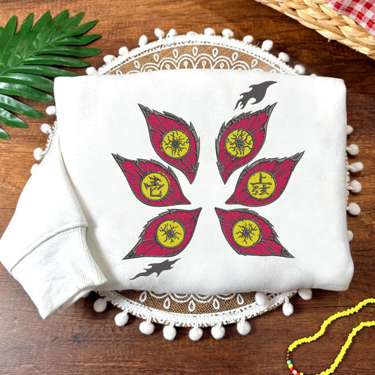 White Sweatshirt On Mat Showing Red And Yellow Six Eyes 