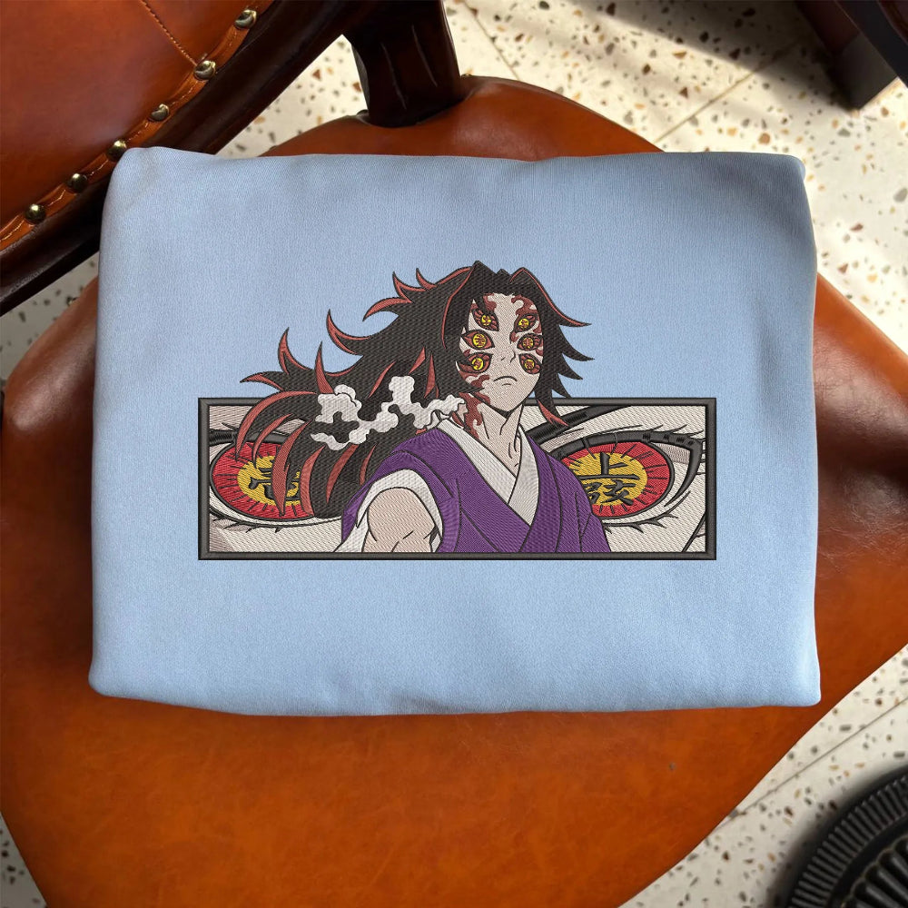 Light Blue Sweatshirt With Kokushibo Demon Slayer Embroidered Folded