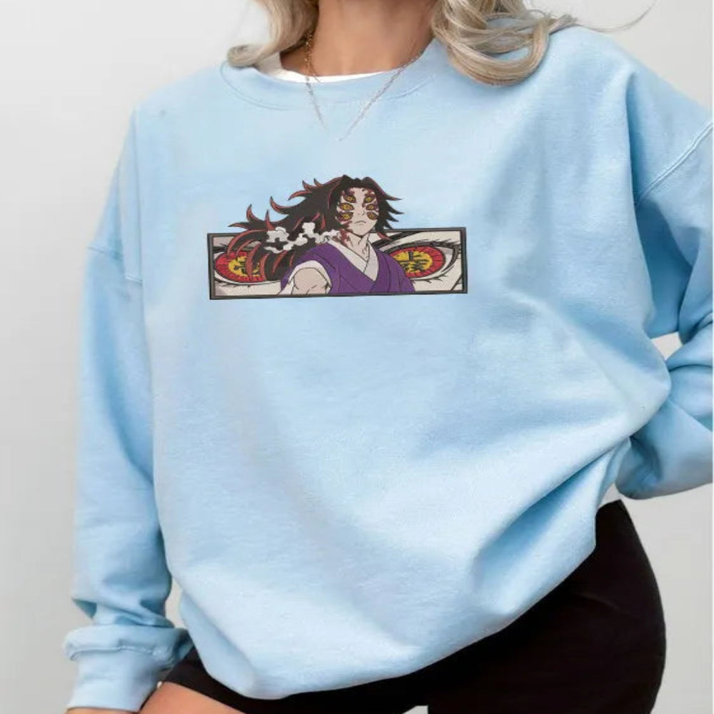 Light Blue Sweatshirt With Kokushibo Demon Slayer Embroidered On Model