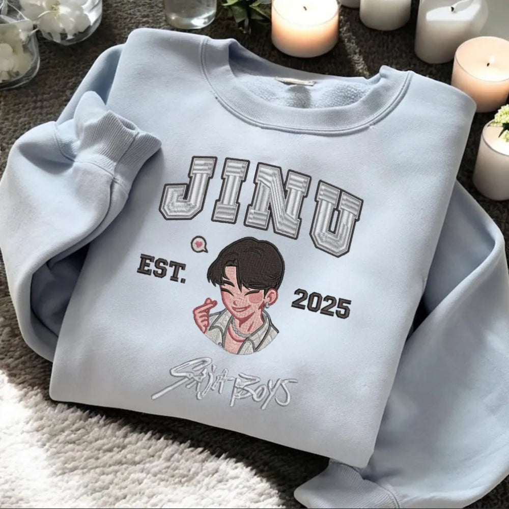 Light Blue Sweatshirt With Chibi Jinu Heart Bubble Embroidery
