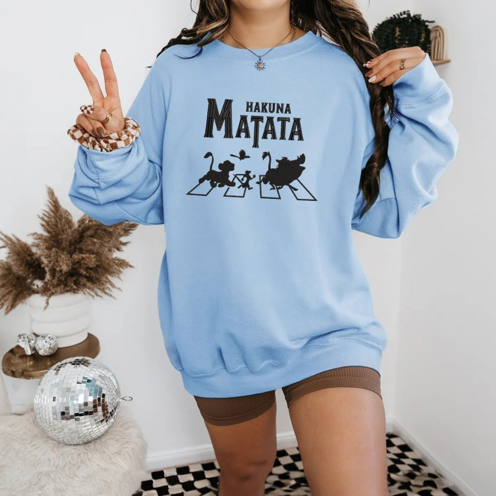 Light Blue Sweatshirt With Hakuna Matata Abbey Road Design On Model