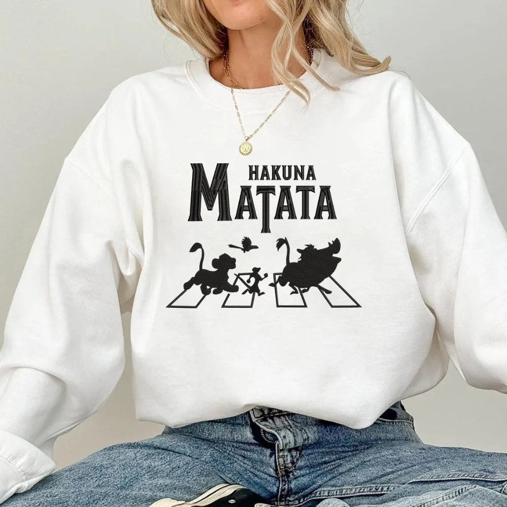 White Sweatshirt With Hakuna Matata Lion King Abbey Road Silhouette 