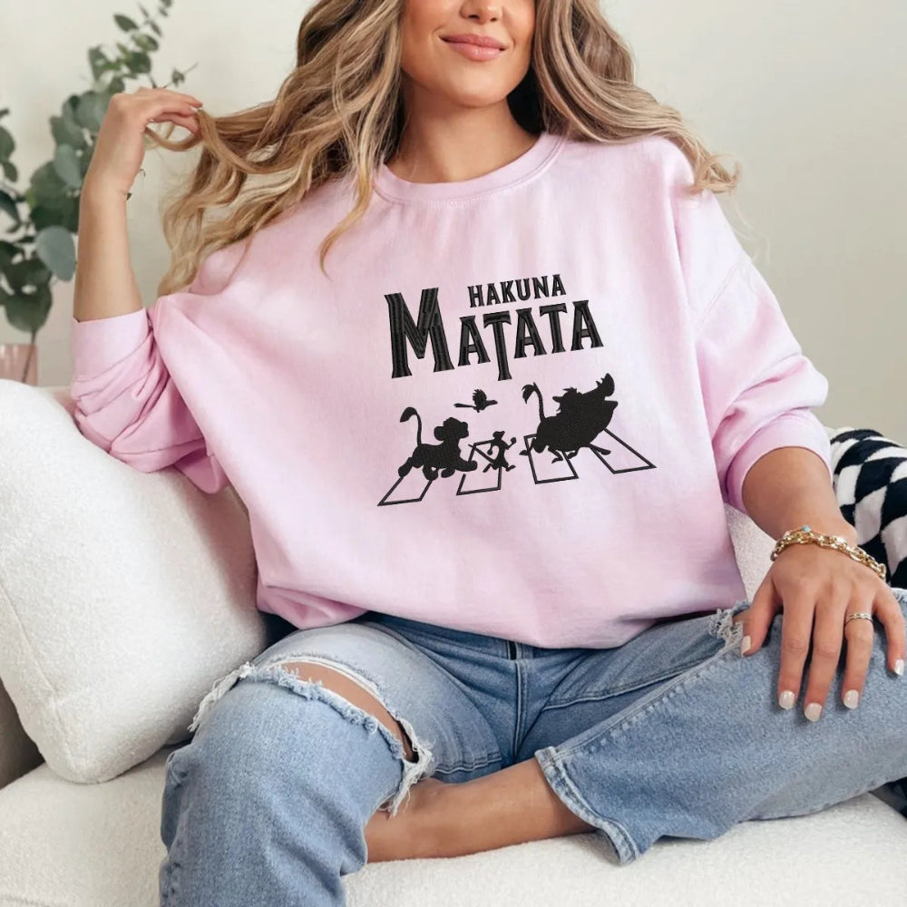 Pink Sweatshirt With Hakuna Matata Beatles Style Lion King Embroidery 