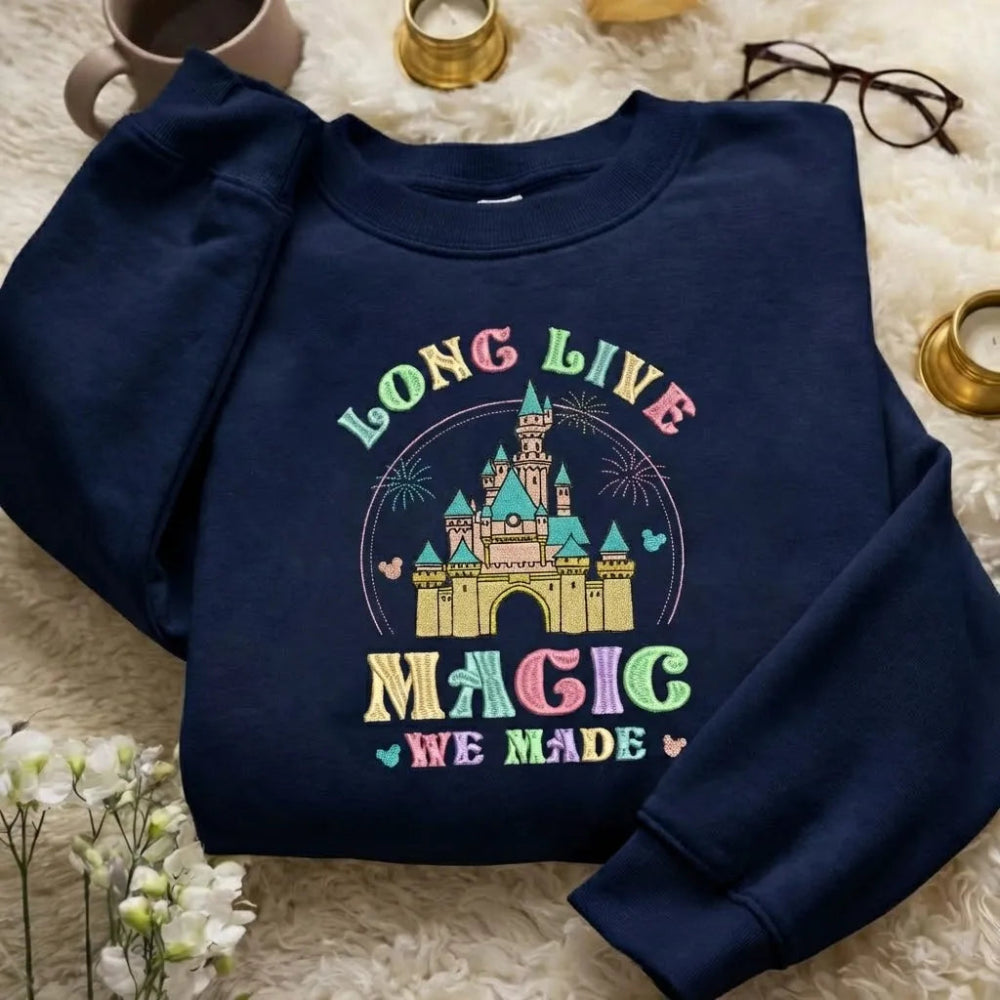 Navy Sweatshirt Colorful Long Live Magic Castle Embroidery Folded.
