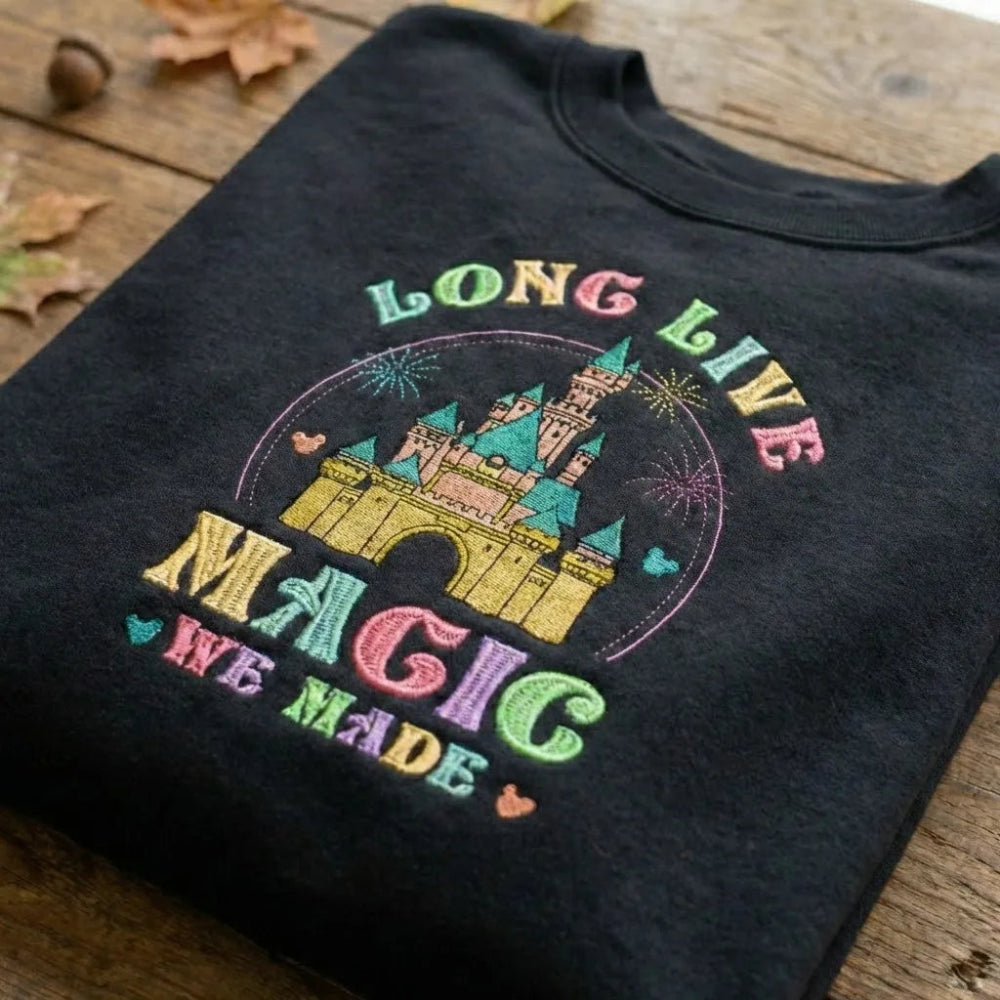 Black Sweatshirt Long Live Magic Castle Embroidered Design Folded.