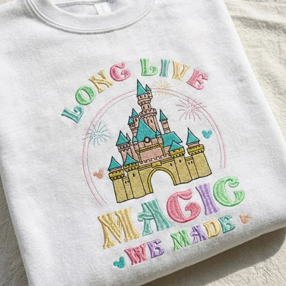 White Sweatshirt Close-Up Rainbow Long Live Magic Castle Embroidery.