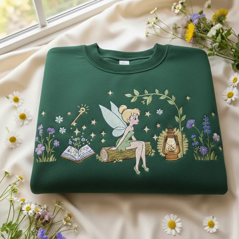 Sweatshirt Tinker Bell Sitting Log Flowers Stars Embroidered Close-Up.