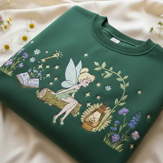 Sweatshirt Tinker Bell Reading Book Lantern Fairy Embroidered Folded.