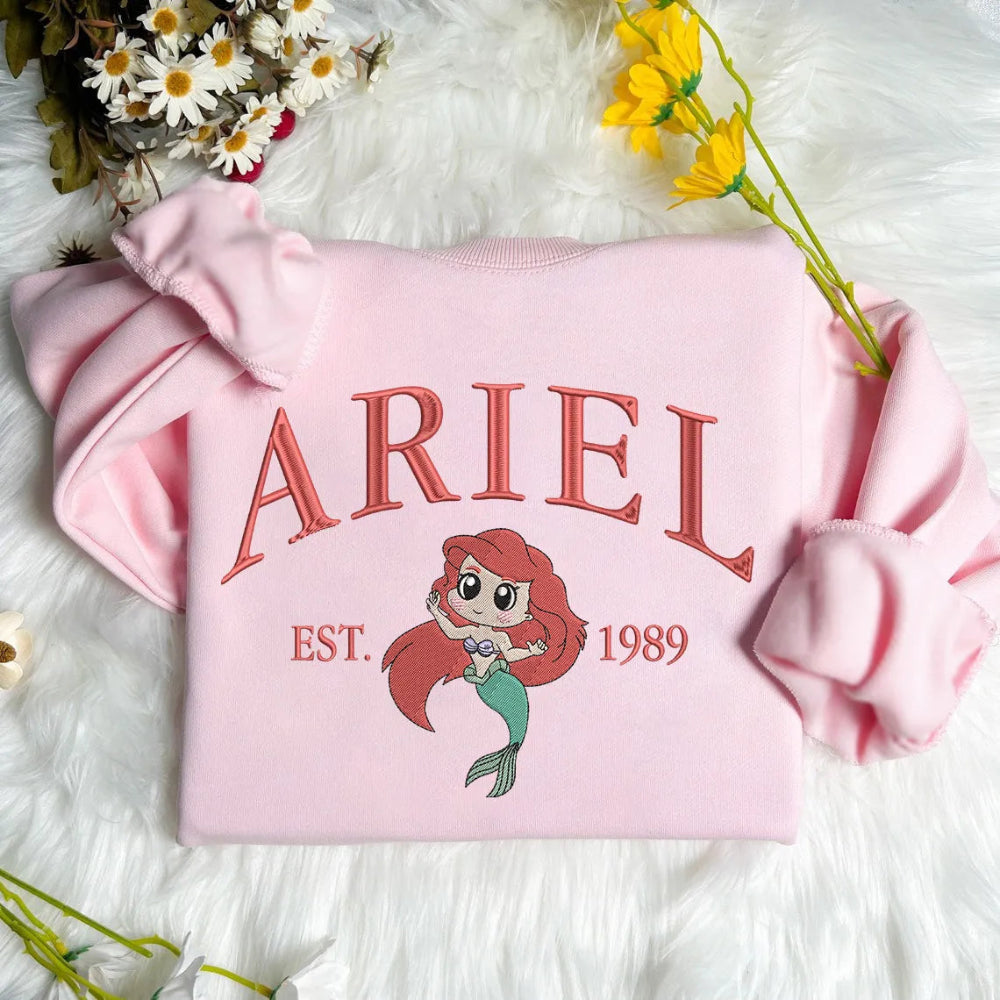 Pink Ariel Embroidered Sweatshirt Featuring Red Text And Chibi Mermaid