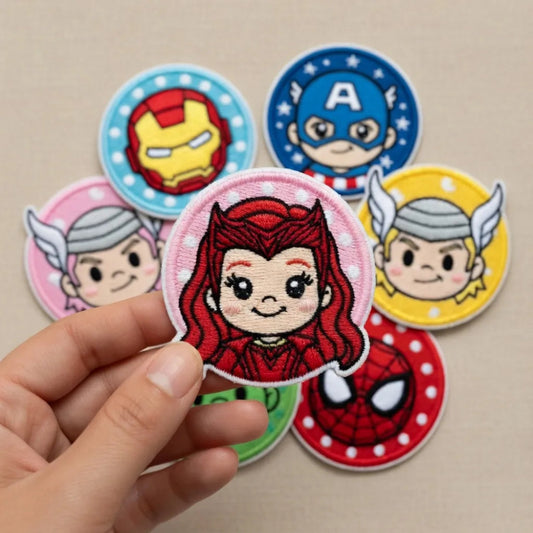 Hand Holding Chibi Scarlet Witch Patch With Avengers Heroes 
