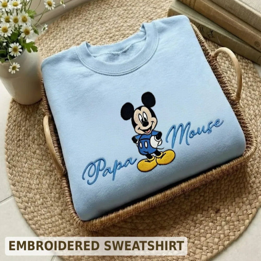 Sweatshirt Papa Mickey Mouse Embroidered Folded On Wicker Tray.