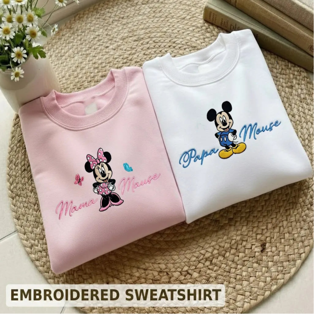 Pink, White Sweatshirts Mama Papa Mouse Embroidered Matching Pair Folded.