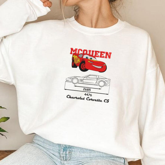 White Embroidered Sweatshirt With Mcqueen And Sally Couple Design.
