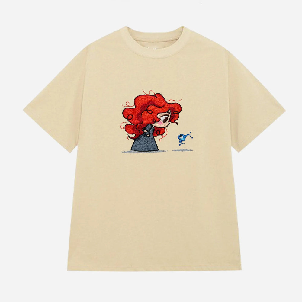 Sand Oversized T-Shirt With Chibi Merida And Blue Will-O-Wisp Embroidery