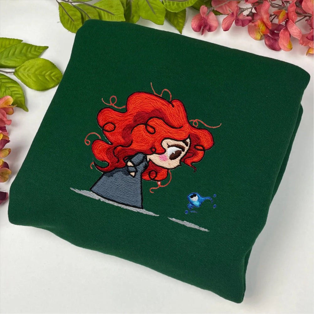 Forest Green Sweatshirt Featuring Embroidered Chibi Merida Bowing To Will-O-Wisp