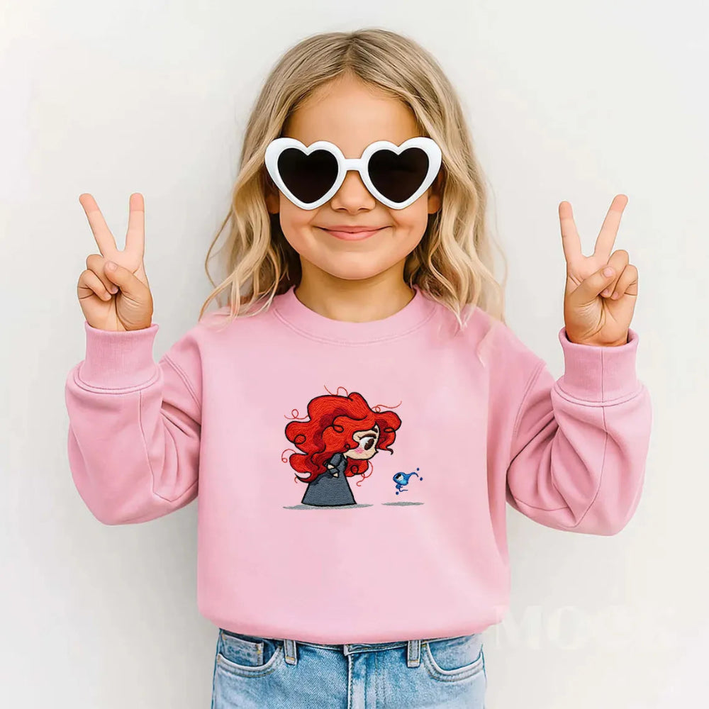 Kids Crewneck Sweatshirt Showcasing  Merida With Fiery Red Hair, Will-O-Wisp