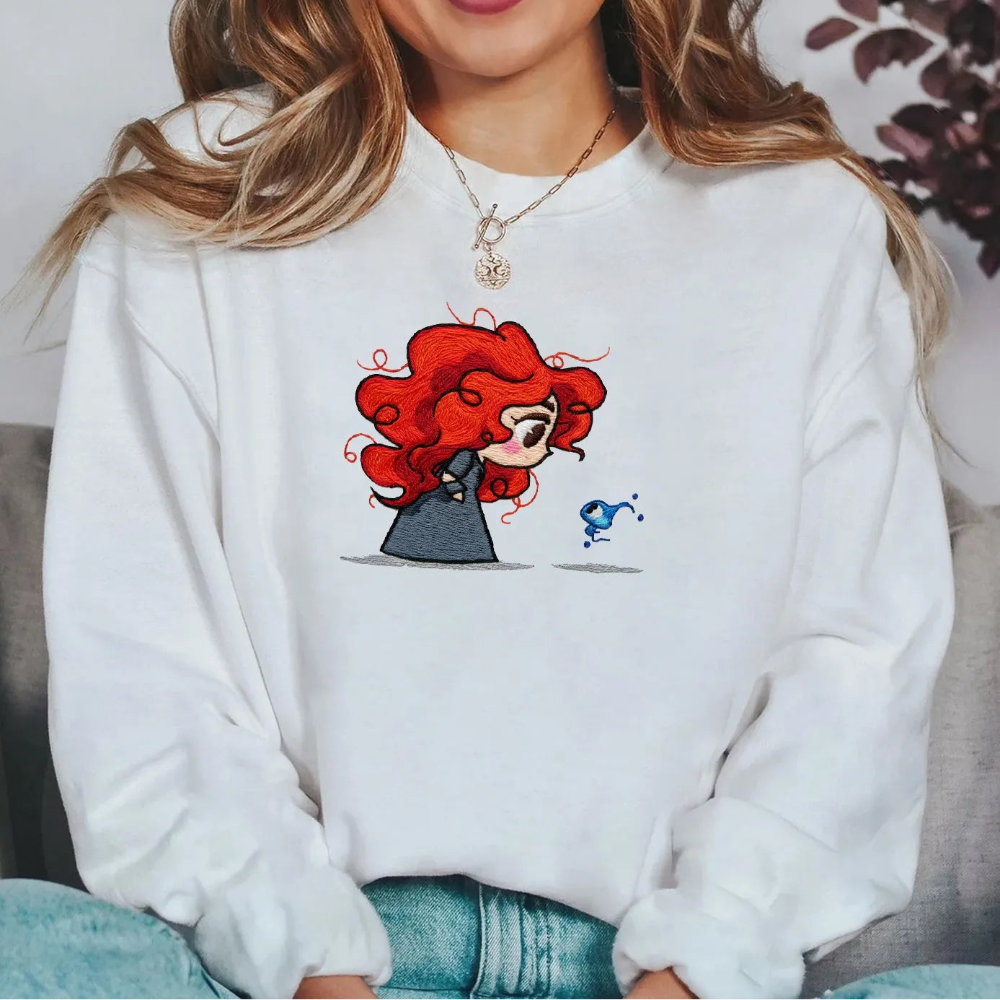 White Comfort Displaying Adorable Chibi Merida, Playful Blue Spirit Design