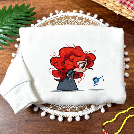 Relaxed Sweatshirt Highlighting Embroidered Chibi Merida, Curious Blue Flame Creature