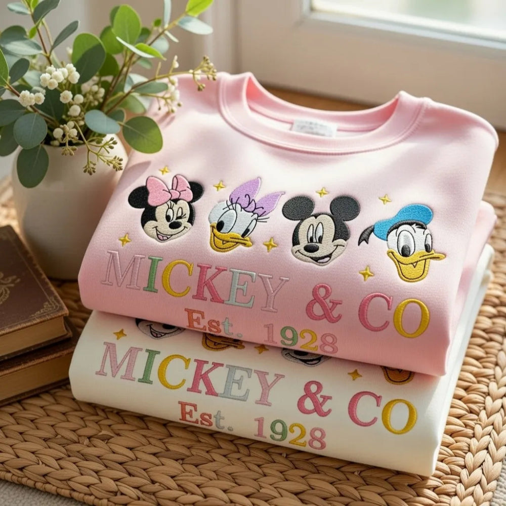 Crewneck Mickey And Co Embroidered Characters Sparkles Est 1928