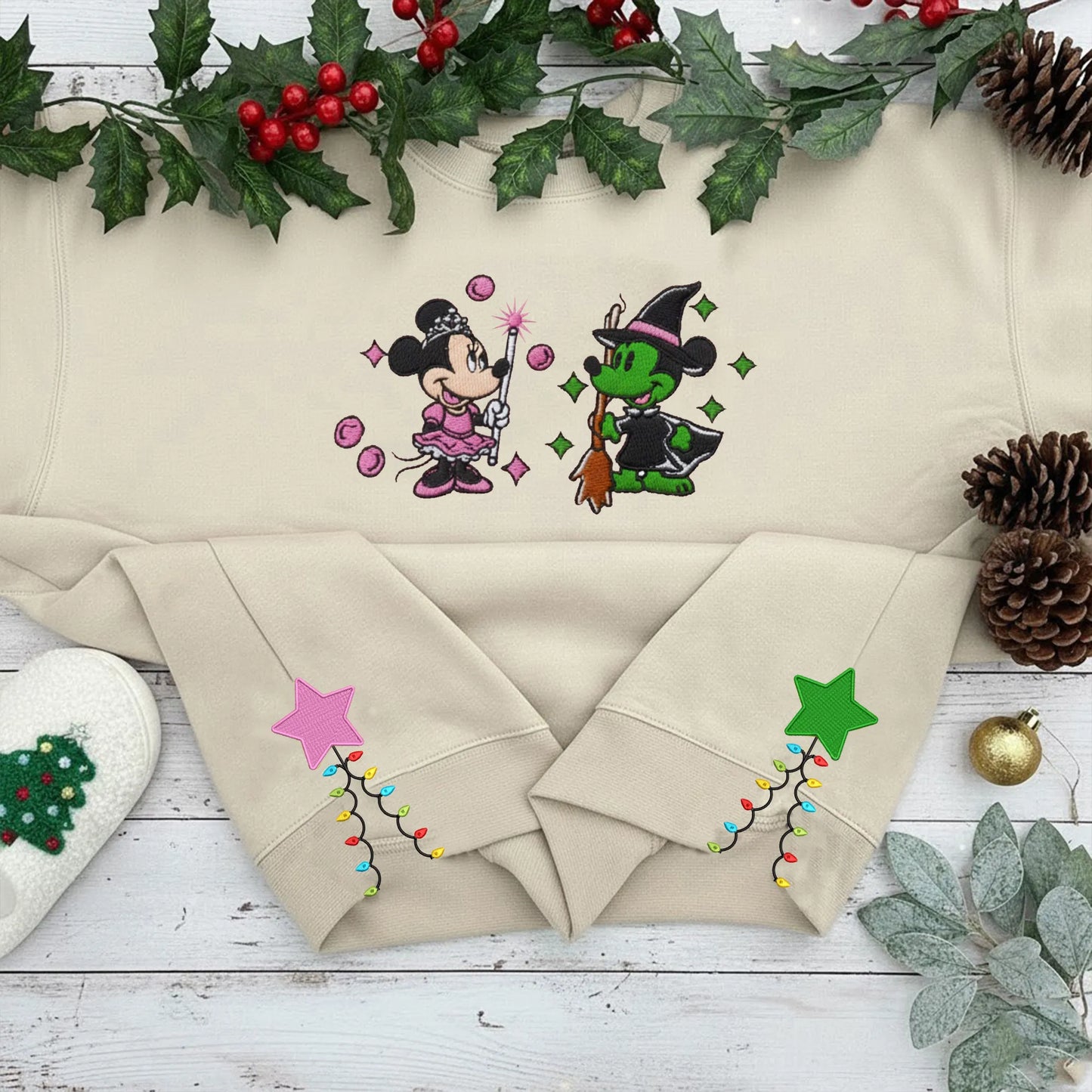 Minnie Witch And Mickey Embroidered Crewneck, Pink Glitter Bow Details
