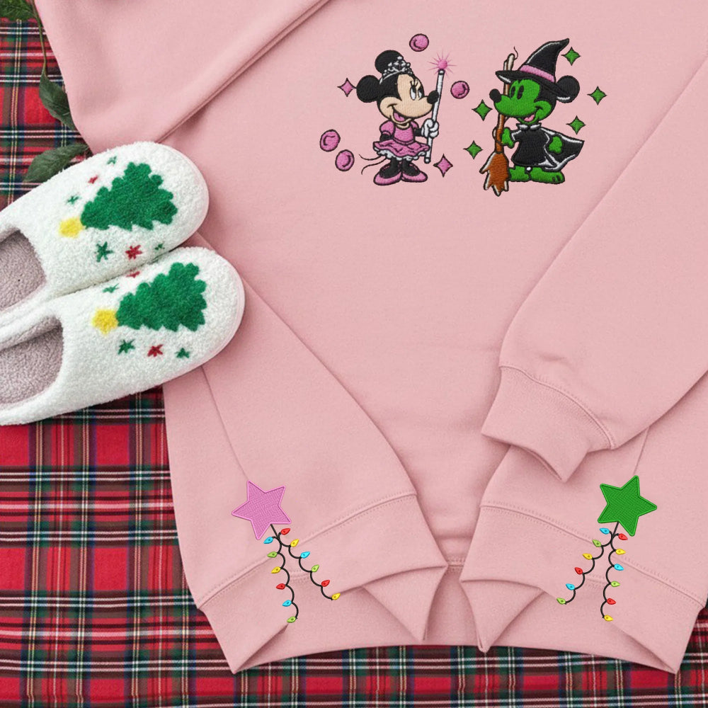 Pink Mickey Minnie Witch Embroidered Sweatshirt Folded, Sparkling Bow Sleeves
