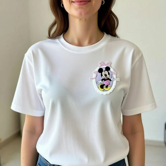 Woman Wearing T-Shirt With Minnie Mouse Embroidered Patch On Chest