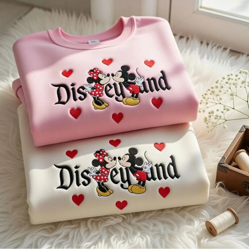 Pink Sweatshirt Embroidered Mickey Minnie Kiss Hearts Disneyeyund Design