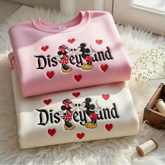 Pink Sweatshirt Embroidered Mickey Minnie Kiss Hearts Disneyeyund Design