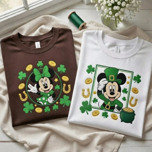 Sweatshirt Minnie Mouse Green Bow Circle Shamrocks Gold Embroidered Design.